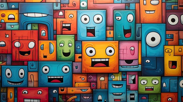 colorful collage with different funny crazy cartoon characters