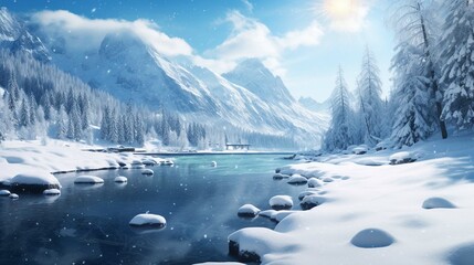 Snowy Winter landscape on frozen water, river or sea, under the blue sky. Mountains, white soft snow and evergreen forest
