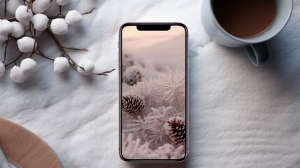 Stylish winter mockup featuring a smartphone, winter accessories, and a warm beverage