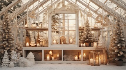 Fototapeta na wymiar The interior of a light beige light white wooden greenhouse, Christmas atmosphere, winter, Christmas trees realistic beautiful spruce 