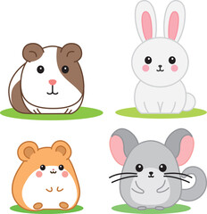 Flat vector set of rodents with rabbit, hamster, guinea pig, chinchilla. Cute kawaii domestic mammal animals. 