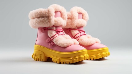 Fototapeta na wymiar Ugg boots. only the ankle is made of down puff nylon. in color of yellow pink cream and red