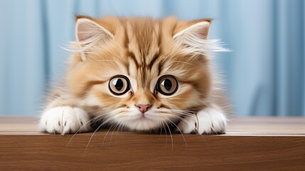 cute kitten laying in the wooden table. 