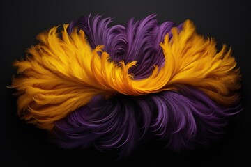  a yellow and purple feathered object on a black background in the shape of a spiral of a ball of yarn.