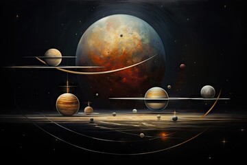  an artist's rendering of the solar system with the planets in the foreground and the sun in the background.