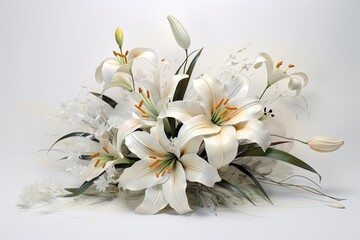  a bouquet of white flowers sitting on top of a white table next to a vase with white flowers in it.