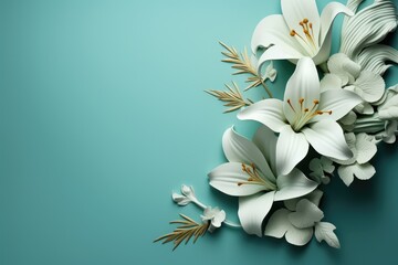  a bunch of white flowers sitting on top of a blue table next to a blue wall with a plant growing out of it.