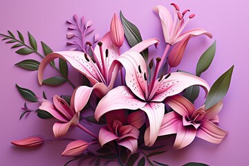  a bouquet of pink lilies on a purple background with green leaves and a pink background with a pink background.