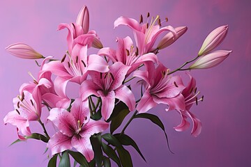  a bouquet of pink lilies in a vase on a purple background with a pink wall in the back ground.