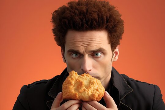 Portrait of a young man eating a cookie on an orange background