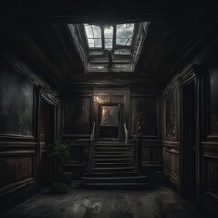 Fototapeta na wymiar dark interior of a old house dark interior of a old house empty wooden door with a window