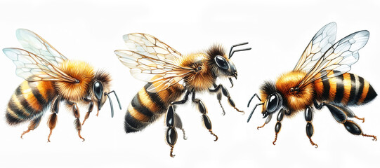 Set of bee isolated on the white. Generative AI. - obrazy, fototapety, plakaty