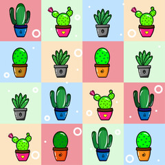 Pattern little green cactus with light green background, vector illustration
