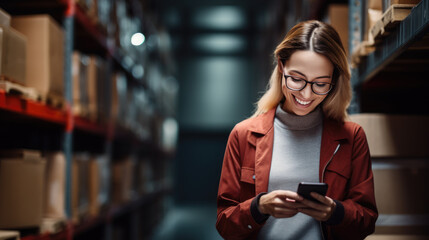 Smiling woman standing in a warehouse aisle, using a smartphone possibly to manage or check inventory. - obrazy, fototapety, plakaty