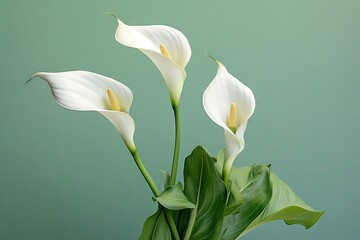 three white calla lilies in a vase with green leaves on the bottom of the vase, on a green background.