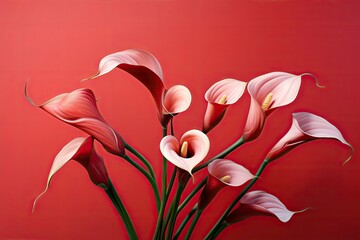  a painting of pink flowers in a vase on a red background with a red wall in the backround.