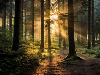 A serene forest illuminated by soft sunlight as it filters through the foliage.
