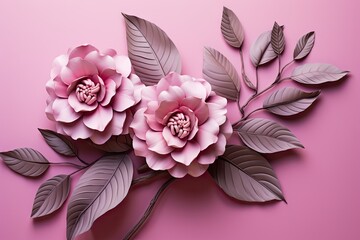  a bunch of pink flowers with leaves on a pink background with a place for the text on the left side of the image.