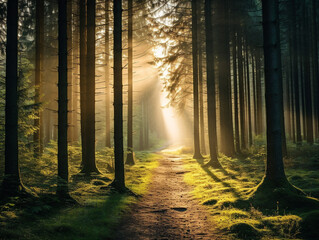 A serene forest illuminated by soft sunlight as it filters through the foliage.