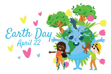 Earth Day postcard. The person Earth with a cheerful face smiles joyfully, and next to her are cheerful children, a dog and a dolphin. Near the Planet trees, plants and flowers.