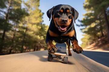 tired rottweiler skateboarding isolated on hiking trails background