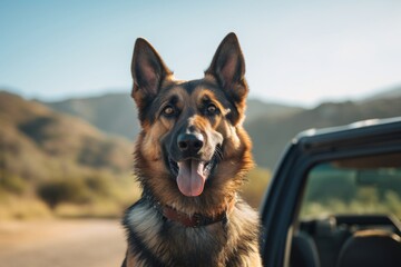 cute german shepherd being at a car wash isolated on national parks background - obrazy, fototapety, plakaty