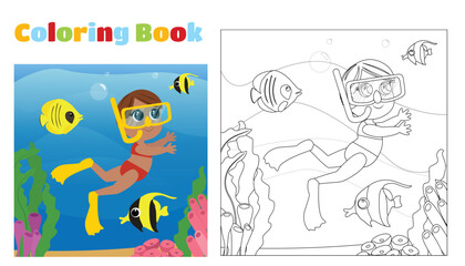 Coloring pagefor children. A happy girl in a swimsuit and fish swims near the coral reefs.