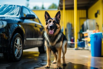 cute german shepherd being at a car wash on national parks background