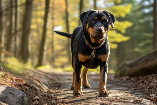 tired rottweiler skateboarding isolated on hiking trails background