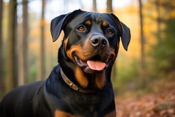smiling rottweiler scratching ears over national parks background - obrazy, fototapety, plakaty
