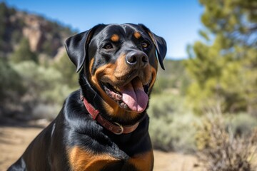 smiling rottweiler scratching ears isolated on national parks background