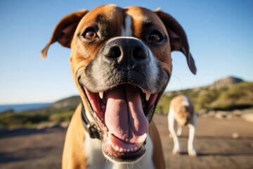 happy boxer dog licking an ice cream cone in national parks background - obrazy, fototapety, plakaty