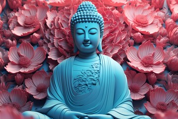 statue of buddha surrounded by flowers - obrazy, fototapety, plakaty
