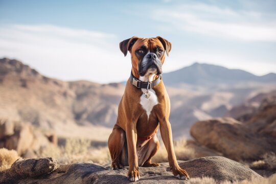 curious boxer dog sitting in front of national parks background