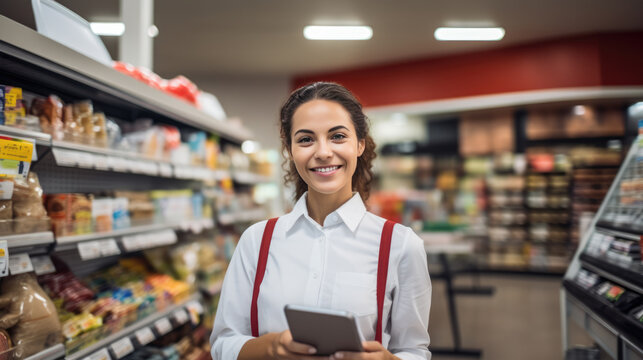 Smiling woman is holding a tablet in a supermarket aisle, with grocery shelves stocked with products in the background.