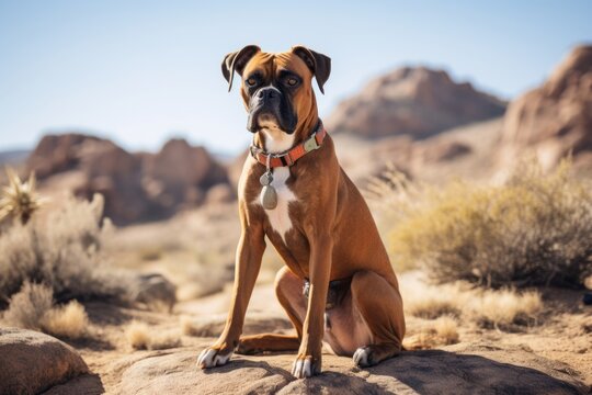 curious boxer dog sitting isolated on national parks background