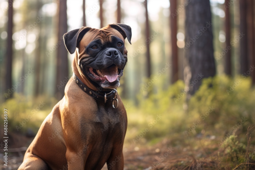 Wall mural smiling boxer dog sitting in forests and woodlands background