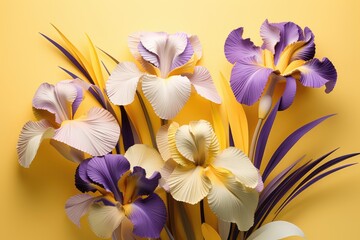  a bouquet of purple and yellow flowers on a yellow background with a white ribbon on the bottom of the bouquet.