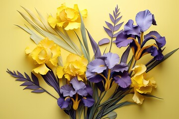  a bouquet of yellow and purple flowers on a yellow background with a green leafy stalk in the center of the bouquet.
