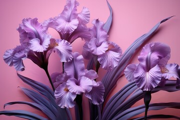  a bunch of purple flowers sitting next to each other on a pink surface with a plant in the middle of the picture.