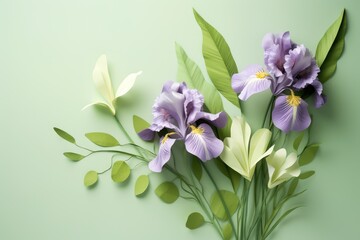  a bouquet of purple flowers with green leaves on a light green background with copy - space for text or image.