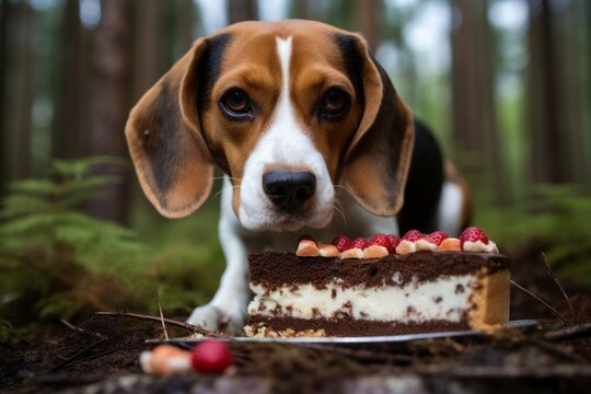 curious beagle eating a birthday cake in front of forests and woodlands background