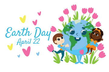 Earth Day postcard. The earth with a cheerful face embraces an international boy and girl, and from it grow plants, flowers.