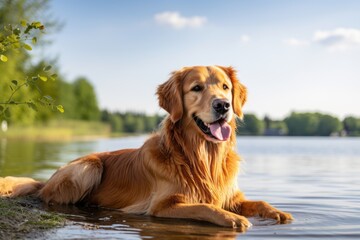 Obraz premium funny golden retriever sitting in front of lakes and rivers background