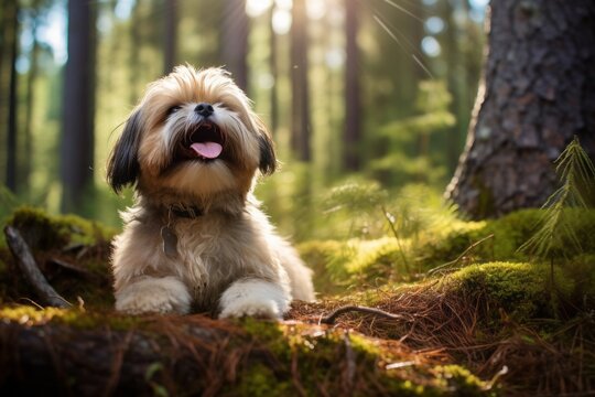 happy shih tzu scratching the body isolated in forests and woodlands background