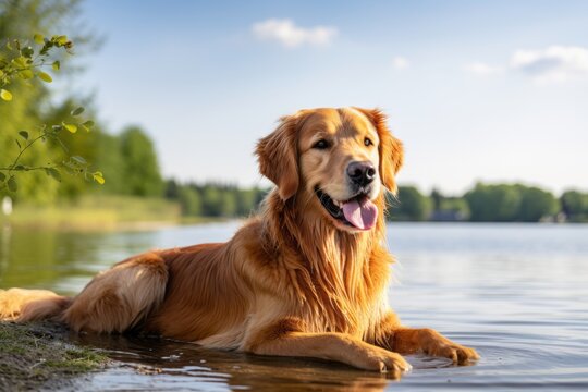funny golden retriever sitting in front of lakes and rivers background