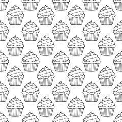 Cute cupcakes with cream and berries seamless pattern background.