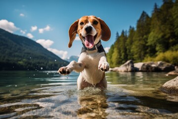 cute beagle shaking his paws in front of lakes and rivers background
