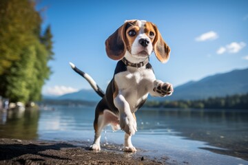 cute beagle shaking his paws while standing against lakes and rivers background