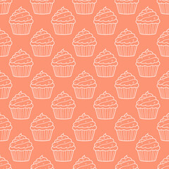 Cute cupcakes with cream and berries seamless pattern background.